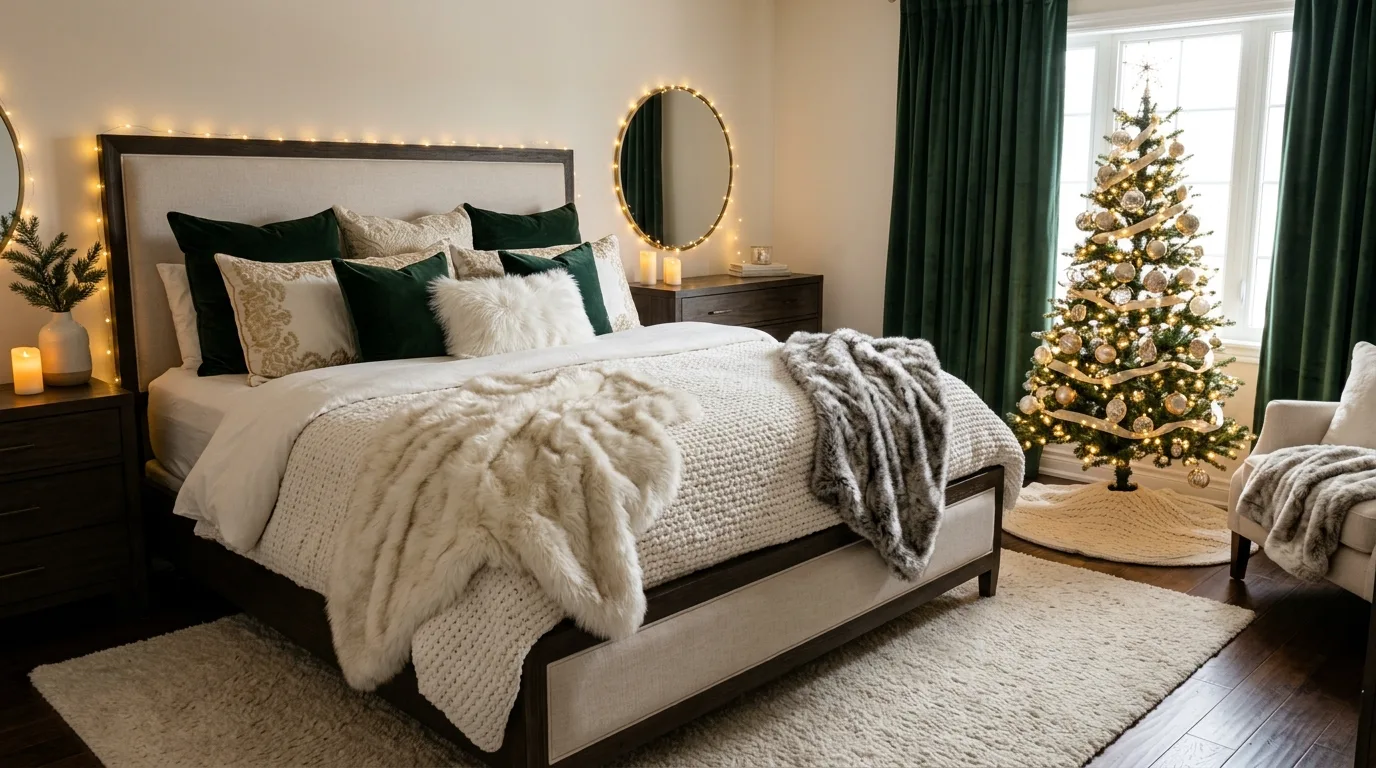 Luxury Christmas bedroom with plush bedding and a small elegant tree.
